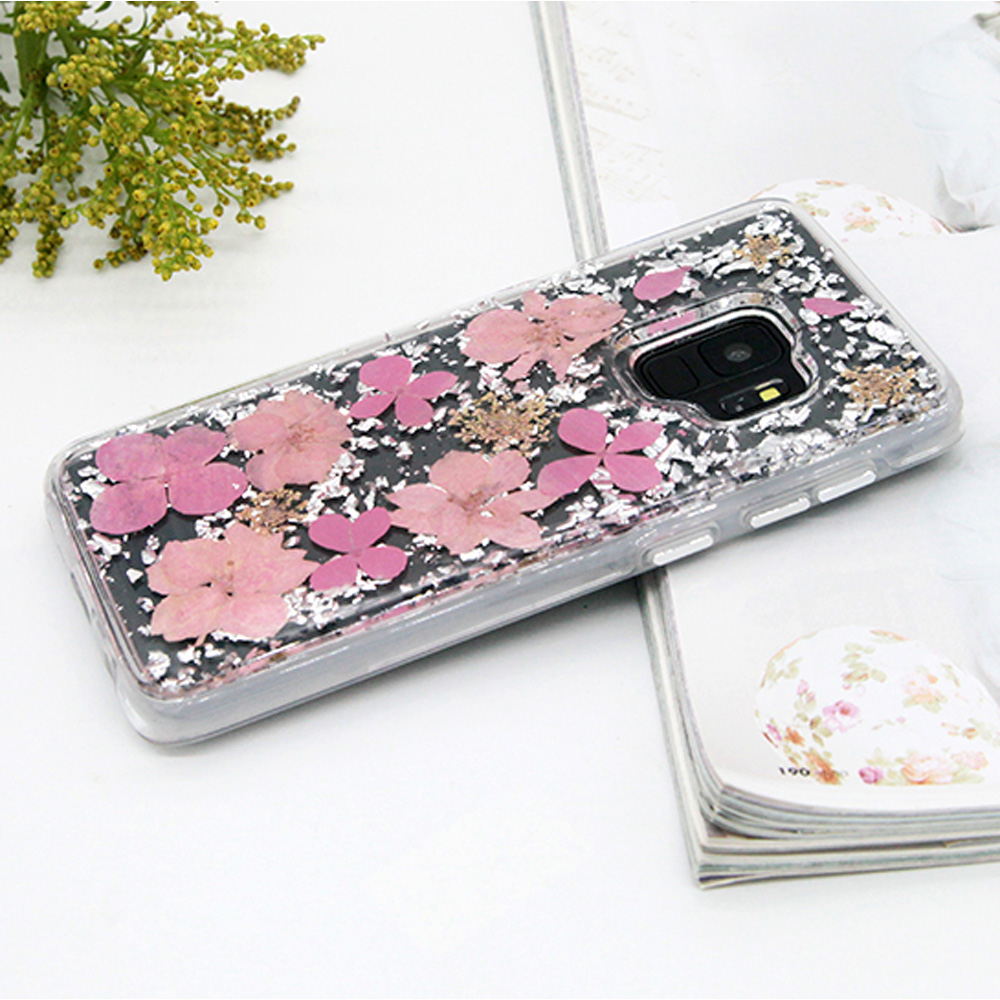 Galaxy S9 Luxury Glitter Dried Natural FLOWER Petal Clear Hybrid Case (Silver Pink)